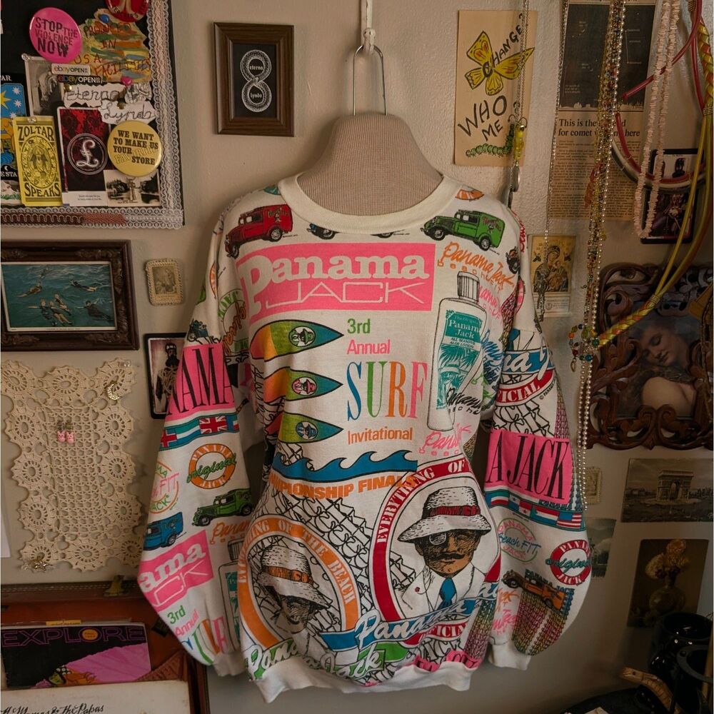 Vintage Panama Jack Graphic Sweatshirt Unisex One Size White Neon 80s Print